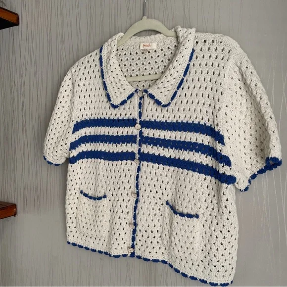 Peach Love Cream Blue Crochet Knit Cardigan Top Juniors XL Coastal Cottagecore - Picture 4 of 8